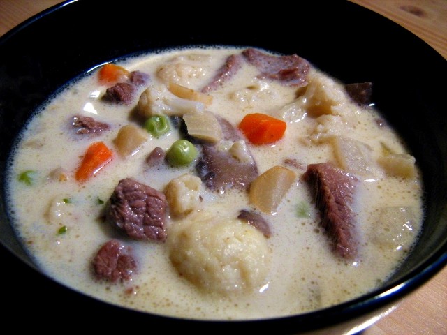 Veal ragout soup with potato dumplings