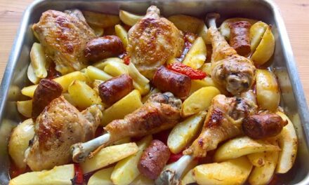 Roasted chicken legs with sausage